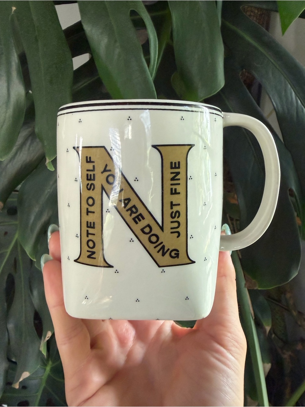 Anthropologie 'N' Ceramic Mug in Cream and Gold